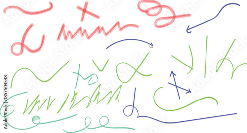 Various hand drawn colored squiggles, arrows, and marks illustrating playful annotations on a crisp white surface