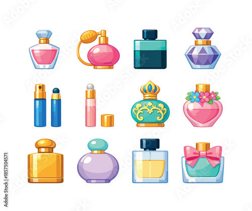 Colorful Perfume Icons. Perfume Bottle. Colorful flat vector icons set of Perfume Bottle: classic glass bottle, vintage atomizer, modern minimalist flask,