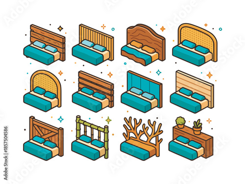 Colorful Headboard Icons. Wood and natural statement headboards. Colorful isometric vector icons set of Wood and natural statement headboards: reclaimed wood