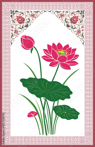 A vibrant bouquet of pink lotus and white flowers in an arched frame, Traditional Mughal flower motif. Traditional wall decorative flower painting. Mughal wall paintings.