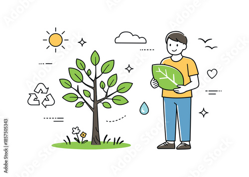 Sustainable Action Illustration. Environmental Renewal. A person standing near a small tree with fresh leaves, holding a simple leaf icon. The scene reflects