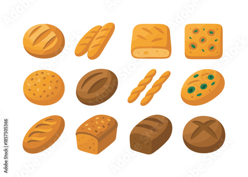 Colorful Bread Icons. Artisan bread. Colorful flat vector icons set of artisan bread: sourdough boules, rustic baguettes, ciabatta loaves, focaccia squares,