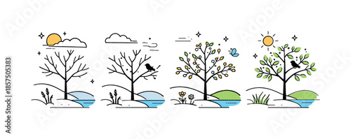 Seasonal Transition Illustration. Transition of nature. A calm landscape shifting from one season to another, with bare branches slowly filling with leaves.