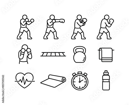 Boxing Fitness Icons. Boxing fitness workouts. Line icon set of boxing fitness workouts: boxer stance pose, straight punch icon, hook punch icon, uppercut
