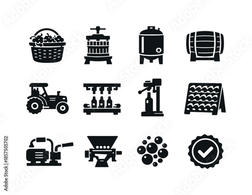 Wine Production Icons. Wine production. Solid icon set of wine production: grape harvest basket, grape press, fermentation tank, oak barrel, vineyard tractor,