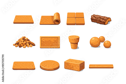 Colorful Cork Icons. Cork materials. Colorful flat vector icons set of cork materials: cork sheet, cork roll, cork tile, cork bark piece, cork granules, cork