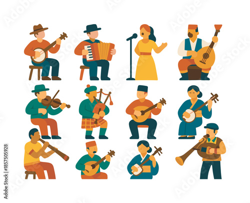 Folk Music Icons. Folk and traditional music photography. Colorful flat vector icons set of folk and traditional music photography: banjo player, accordion