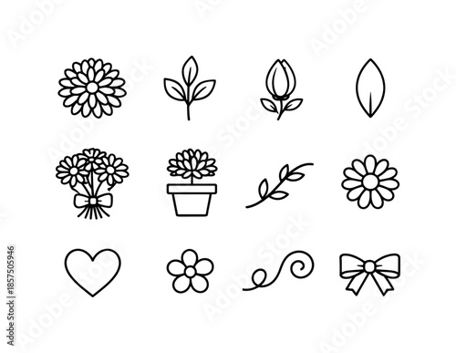 November Floral Icons. November birth flowers. Line icon set of november birth flowers: chrysanthemum, leaf sprig, bud, petal shape, bouquet, flower pot, stem