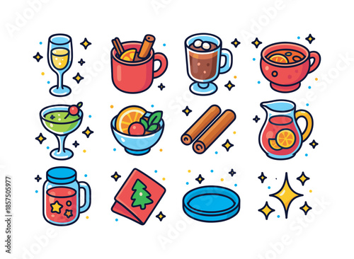 Festive Beverage Icons. Festive beverages. Colorful isometric vector icons set of festive beverages: sparkling wine, mulled drink mug, hot cocoa glass, punch