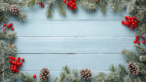 A winter themed flat lay background showcases light pastel blue wooden planks with a gently weathered texture, adorned with snow dusted pine branches and natural pinecones.