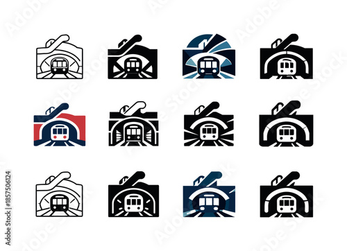 Subway Train Icon Set. A subway train moving through underground tunnels, with passengers inside. Icon set. Set Logo of a subway train moving through