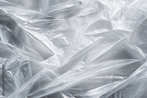 Close-up of a crumpled transparent plastic sheet showing creases, reflections, and texture, ideal for backgrounds or material concepts