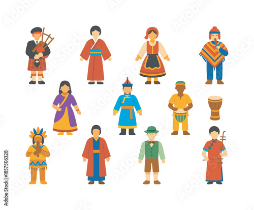 Cultural Music Attire Icons. Traditional musical costumes. Colorful flat vector icons set of traditional musical costumes: Scottish piper attire, Japanese