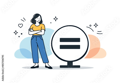Empowerment and Equality Symbol. Women rights symbol. A female character standing confidently next to a clean equality symbol, with soft abstract shapes