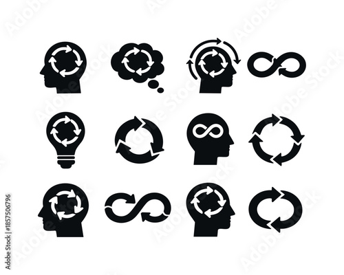 Circular Thinking Icons. Circular Thinking. Solid icon set of Circular Thinking: looping arrows head, circular thought arrows, mind loop symbol, endless