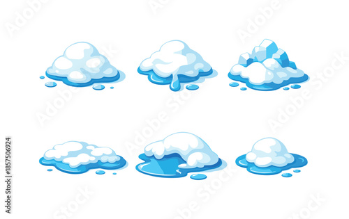 Melting Snow Icons. Melting snow piles. Isometric flat vector icons set of Melting snow piles: melting snow mound, snow pile with water drip, icy snow heap,