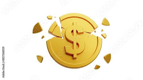 Cracked Golden Coin with Dollar Symbol on transparent background