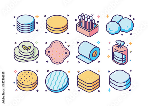 Colorful Cotton Icons. Facial cotton products. Colorful isometric vector icons set of facial cotton products: cotton pads, cotton rounds, cotton swabs, large
