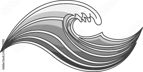 A dynamic grayscale vector of a cresting ocean wave. The design features sleek, layered curves and shaded gradients that convey powerful movement, fluid energy, and a modern aesthetic.