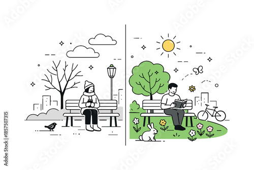 Dual Season Park. Two seasons one scene illustration. A simple city park where one side shows bare trees and clouds, while the other shows sunshine and