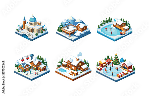 Winter Tourism Icons. Winter Tourism Icons. Isometric flat vector icons set of Winter Tourism Icons: snow-covered city landmark, winter mountain viewpoint,
