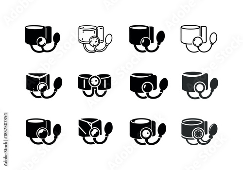 Blood Pressure Cuff Icons. Blood pressure cuff. Icon set. Set Logo of blood pressure cuff: inflation tube. harmonious logo variations of the same emblematic