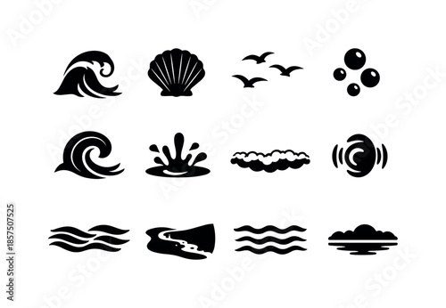 Ocean Ambience Icons. Ocean ambience. Solid icon set of ocean ambience: wave crest, shell icon, distant seagull, underwater bubble, soft tide swirl, splash