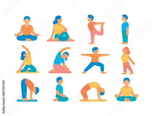 Mind-Body Balance Icons. Mind-body balance. Colorful flat vector icons set of mind-body balance: seated lotus, gentle twist, supported balance pose, standing