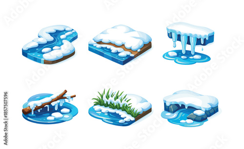 Icy Stream Icons. Rivers & streams melting ice. Isometric flat vector icons set of Rivers & streams melting ice: icy stream curve, snow-covered shore, melting