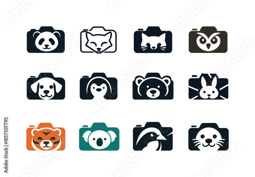 Animal Video Logos. animal videos. Icon set. Set Logo of animal videos: camera with animal face. harmonious logo variations of the same emblematic concept,