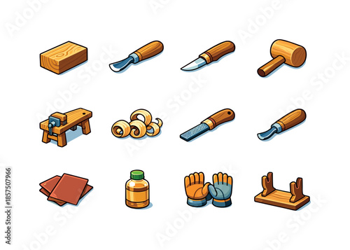 Wood Carving Icons. Wood carving. Colorful isometric vector icons set of wood carving: wood block, carving gouge, whittling knife, mallet, carving bench, wood