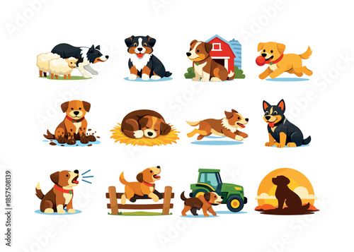 Farm Dog Icons. Farm Dog. Colorful flat vector icons set of Farm Dog: herding dog, sheepdog puppy, barn guardian, playful farm pup, muddy paws dog, straw-bed
