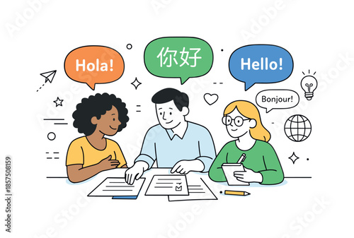 Multilingual Teamwork Harmony. Language Diversity Illustration ? Inclusive Workplace. A small team collaborating around documents and dialogue bubbles in