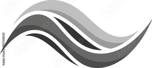 An abstract monochrome vector featuring a fluid, horizontal wave shape composed of overlapping gray and dark gray curves, suggesting elegant motion or flowing liquid.