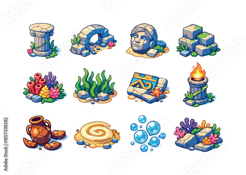 Underwater Ruins Icons. underwater ruins. Colorful isometric vector icons set of underwater ruins: cracked column, fallen arch, ruined statue head, stone