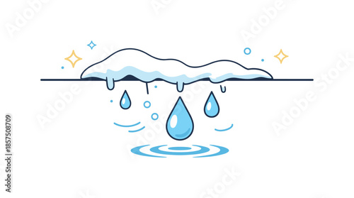Spring Thaw Illustration. Seasonal thaw. A minimal ground line with melting snow flowing into water drops. The scene feels light, calm, and symbolically fresh.