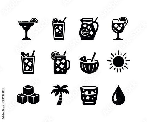 Summer Cocktail Icons. Summer cocktails. Solid icon set of summer cocktails: frozen margarita, berry cooler, citrus punch, iced spritz, mojito, lemonade