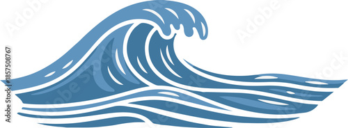 A stylized blue vector illustration of a powerful ocean wave cresting and breaking with fluid white highlights, conveying movement and the energy of the sea.