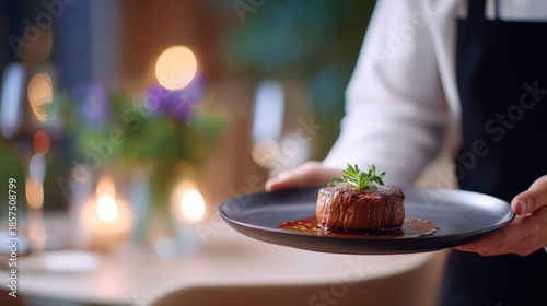 Chef presenting a gourmet steak dish on a black plate, garnished with herbs, in an elegant restaurant setting with soft lighting and blurred background elements creating a warm atmosphere