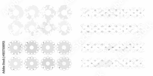 Arrangement of geometric floral patterns and repeating circular designs in grayscale