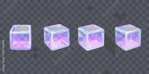 A sequence of four translucent pastel colored ice cubes on a transparent background