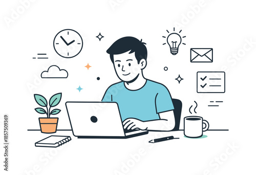 Calm Home Office. Remote work and productivity concepts. A person working calmly on a laptop at home, simple desk setup with plant and coffee cup, focused and