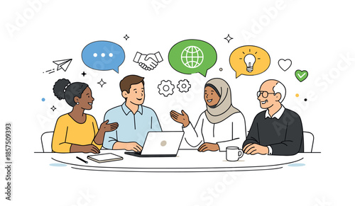 Global Team Unity. Cultural diversity in business. Colleagues from different backgrounds communicating around a shared table with speech bubbles and symbols.