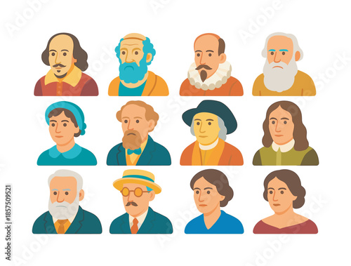 Literary Icons Collection. Literary heritage. Colorful flat vector icons set of Literary heritage: Shakespeare portrait, Homer portrait, Cervantes portrait,