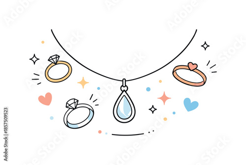 Elegant Jewelry Design. Jewelry and Rings Concepts. Delicate necklace with pendant and small ring icons floating nearby, arranged in a balanced decorative