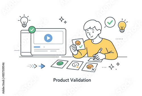 Product Feedback Review. Product validation process. A character reviewing user feedback cards next to a prototype screen. Calm analysis and