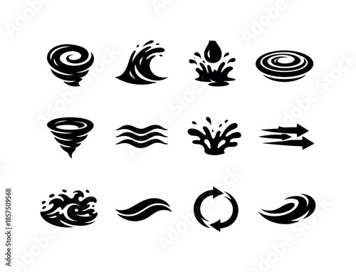 Water Movement Icons. Water movement. Solid icon set of water movement: swirl flow, upward surge, downward pull, ripple ring, vortex icon, current lines, water