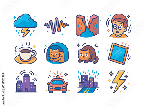 Thunder Sound Icons. The sound of thunder. Colorful isometric vector icons set of The sound of thunder: rumbling storm cloud, stylized sound wave icon, echoing