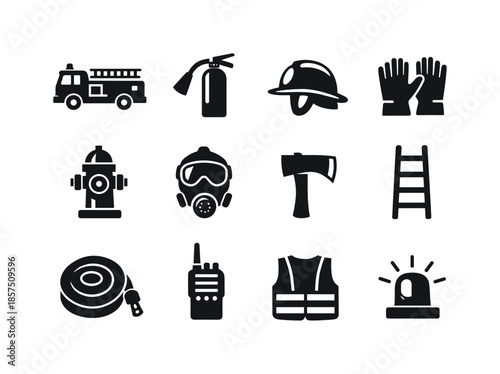 Firefighting Icon Set. Fire emergency response. Solid icon set of Fire emergency response: fire engine, fire extinguisher, helmet, gloves, fire hydrant,