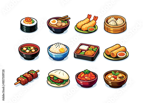 Colorful Asian Food Icons. asian food. Colorful isometric vector icons set of asian food: sushi roll, ramen bowl, tempura shrimp, dumplings, miso soup bowl,